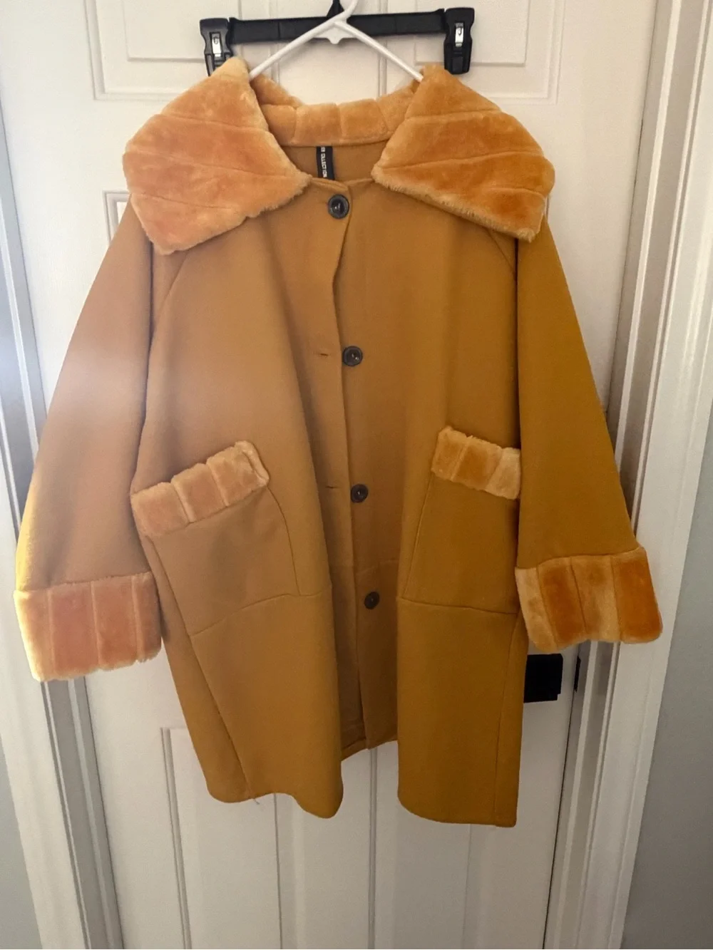 Wool-Blend Mustard Coat with Faux Fur Trim